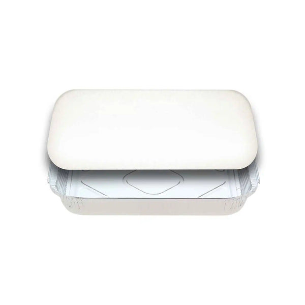 White paper lid on a confoil rectangle container