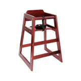 Wooden baby mahogany wood high chair with a black strap on a white background