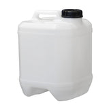 A white 10 litre plastic drum with a molded carrying handle, a black ribbed screw cap, and a reinforced bottom base