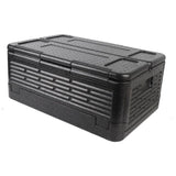 Black rectangular plastic storage box with textured surface on a white background