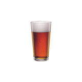 Clear pint glass filled with amber beer liquid 