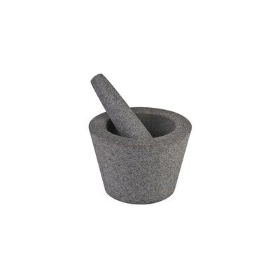 Gray stone mortar and pestle on a white background