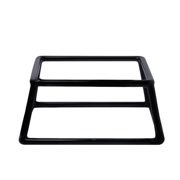 A square black platter stand with open-frame design, made of metal with PVC coating, intended for showcasing and serving food.