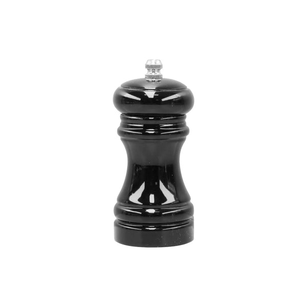 A black wood salt or pepper mill with a ceramic gear, approximately 5cm in diameter and 11.5cm in height.