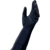 A single black rubber  glove worn on a hand, shown against a plain white background. The glove has a textured grip pattern on the back of the hand and a smooth matte finish on the wrist and palm.