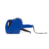 A blue electric label tape dispenser with a black trigger and a black wrist strap, 