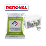 Rational Active Green cleaner kit showing a silver resealable pouch with a green label, a white plastic tub with printed instructions, and a small sachet on a white background with the Rational brand logo at the top.
