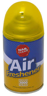 Yellow and blue air freshener can with 'Nab-Clean' branding.