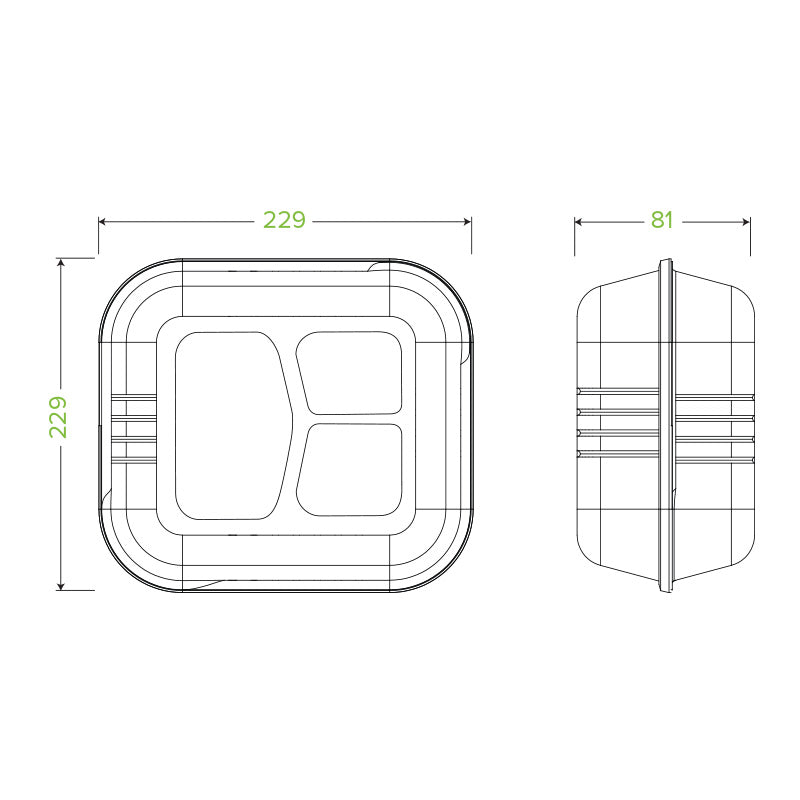 Biocane 3 Compartment Clamshell Container 9x9x3