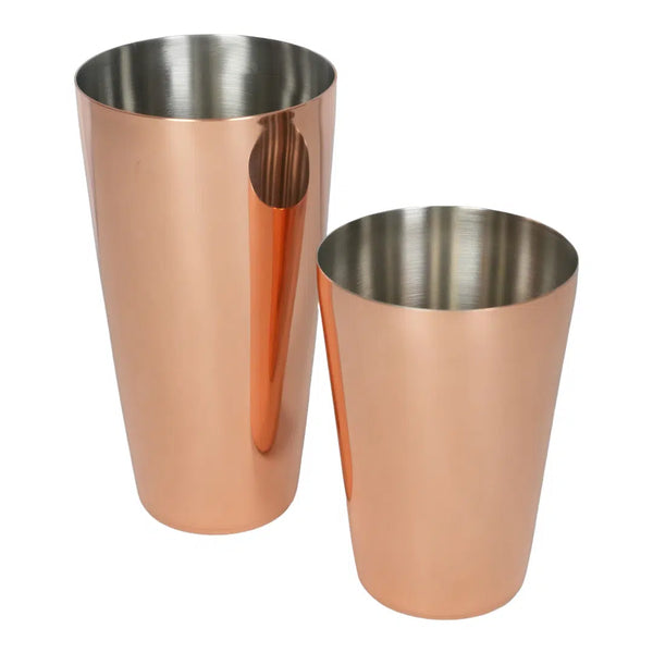 Two copper-colored metal cocktail shakers