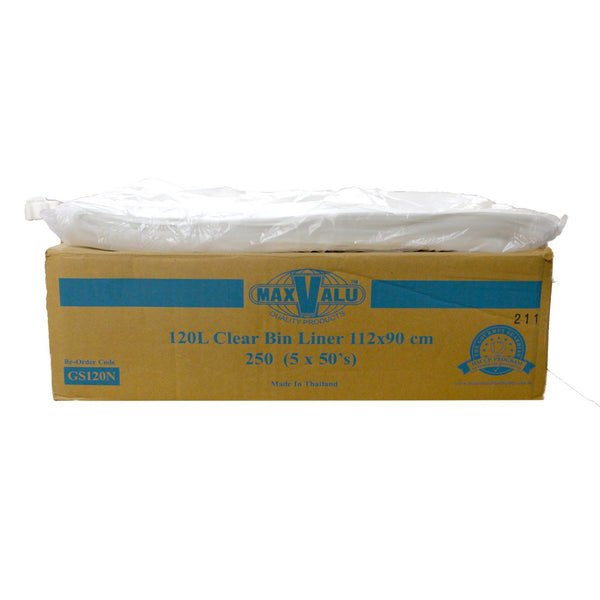 Garbage Bag Clear 120 Litre Rolls  95x 76cm (Box 250 Bags)