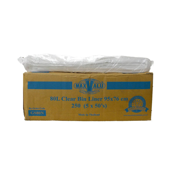Garbage Bag CLEAR 80 Litre Rolls  95x 76cm (Box 250 Bags) 17 UM GS80N