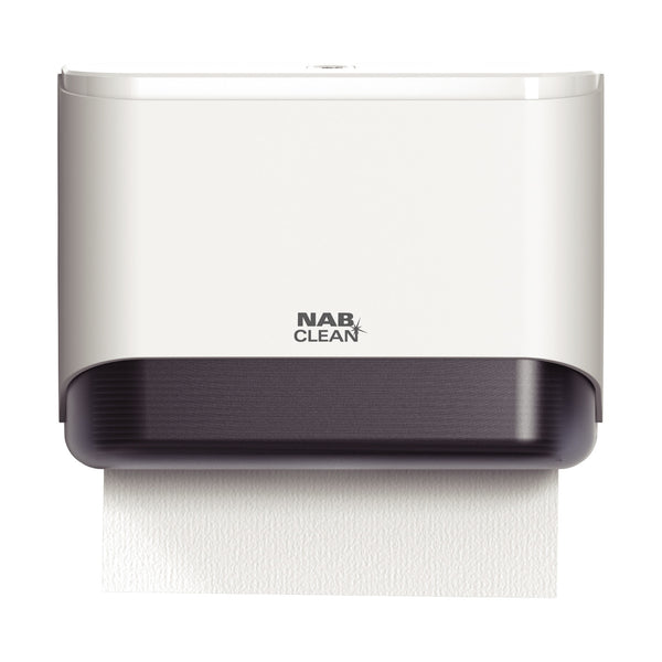 Nab Clean mini paper towel dispenser with a roll of white paper towels on a white background