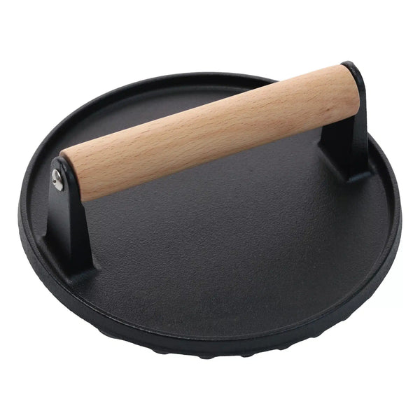 Round Grill Meat & Veggie Burger Smasher Iron With Wood Handle 19190