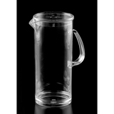A clear glass pitcher with a pouring spout and a curved handle