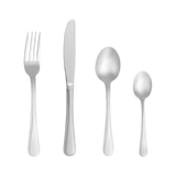 A set of stainless steel flatware including a table knife, dinner fork, soup spoon, and teaspoons. The cutlery has a smooth, rounded handle with a polished mirror finish.