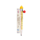 Mercury candy deep fryer thermometer with yellow cap and red bulb on a white background