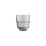 A clear ribbed glass tumbler with a flared rim, shown on a plain white background.