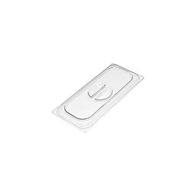 Clear polycarbonate lid designed to fit a 5 litre stainless steel container.