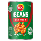 Can of SPC baked beans with green label and red accents