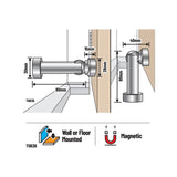 Technical dimension diagram of a magnetic door stopper with wall or floor mounting, showing measurements in millimeters and labeled parts including a 30mm diameter rod, 80mm wall/floor mounting distance, and a magnetic component.