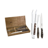 A set of three stainless steel barbecue knives with wooden handles, presented in a wooden gift box with additional cutlery items like a sharpening steel and a brass cleaner.
