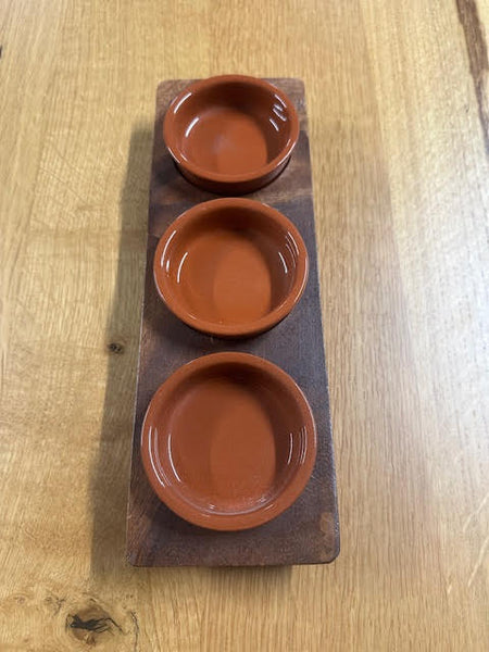 Timber Presentation Board With 3 Tapas Brown Ramekin Sauce Dishes Board-9927