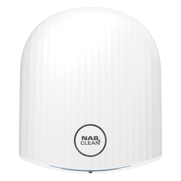 White cylindrical hand dryer with 'NAB Clean' logo on a white background