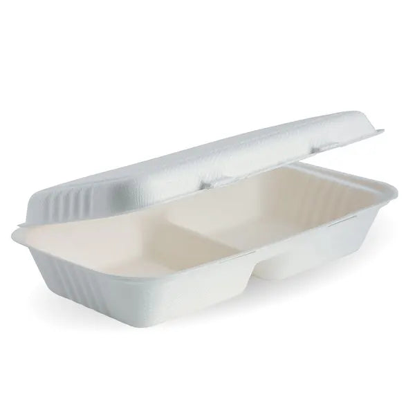 2-Compartment White Plant Fibre Clamshell  28x16x7cm / 11.6x6x3in B-HL-1156-2 x 100 Clamshells
