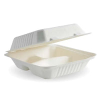 Biopak 20x22x8cm / 7.8x8x3in 3-Compartment White Plant Fibre Clamshell