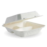 Biopak 20x22x8cm / 7.8x8x3in 3-Compartment White Plant Fibre Clamshell