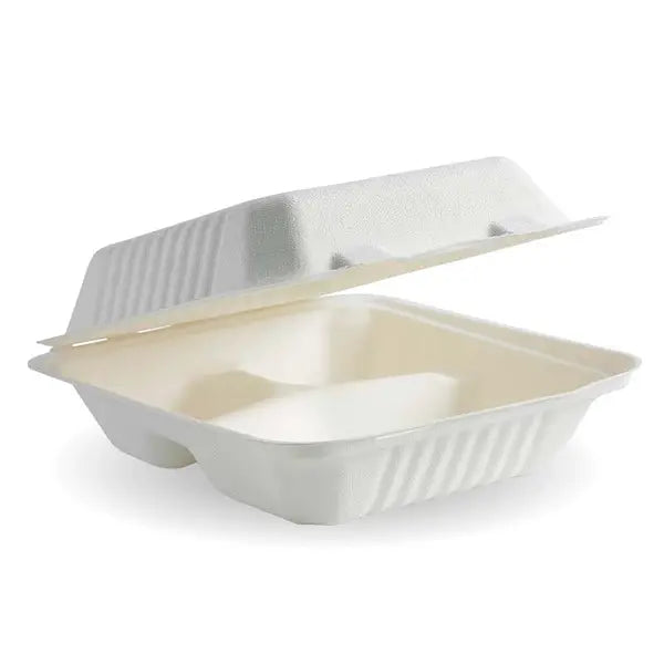 Biopak 20x22x8cm / 7.8x8x3in 3-Compartment White Plant Fibre Clamshell