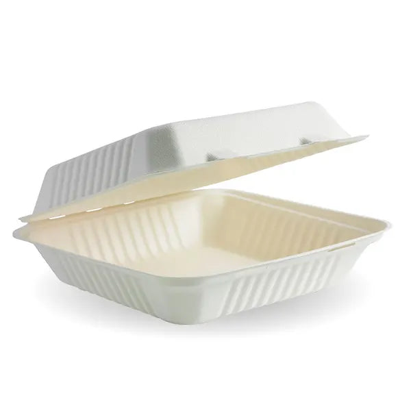 Biopak 23x23x8cm / 9x9x3in White Plant Fibre Clamshell 