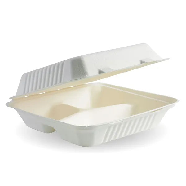 Biopak 23x23x8cm 3-Compartment White Plant Fibre Clamshell B-HL-93