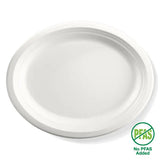 A white oval plant fibre plate with a flat base, no PFAS added certification, and a symbol indicating compostability.