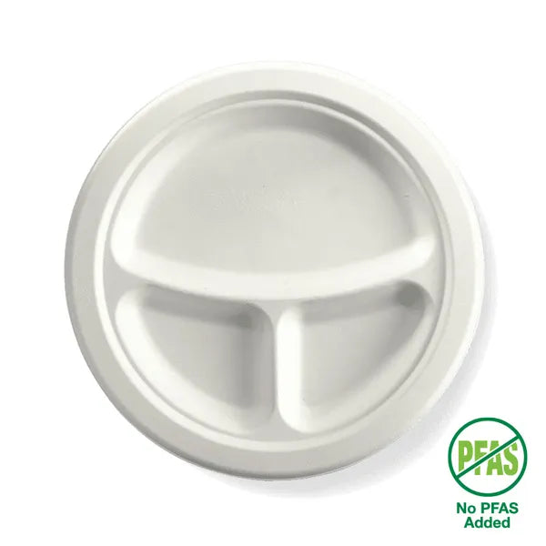 Biopak 23cm Compartment Round Plant Fibre Plate B-PL-93-PF Box of 500 Plates