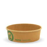 A small beige kraft paper bowl with the Biopak logo printed on the side.