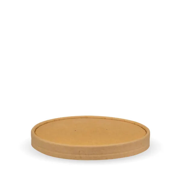A round, beige paper kraft biobowl lid.