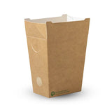 An unlined small enclosed BioBoard chip box with a stand-up design, made of eco-friendly material.