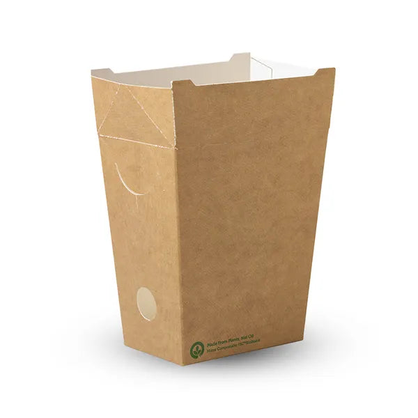 An unlined small enclosed BioBoard chip box with a stand-up design, made of eco-friendly material.