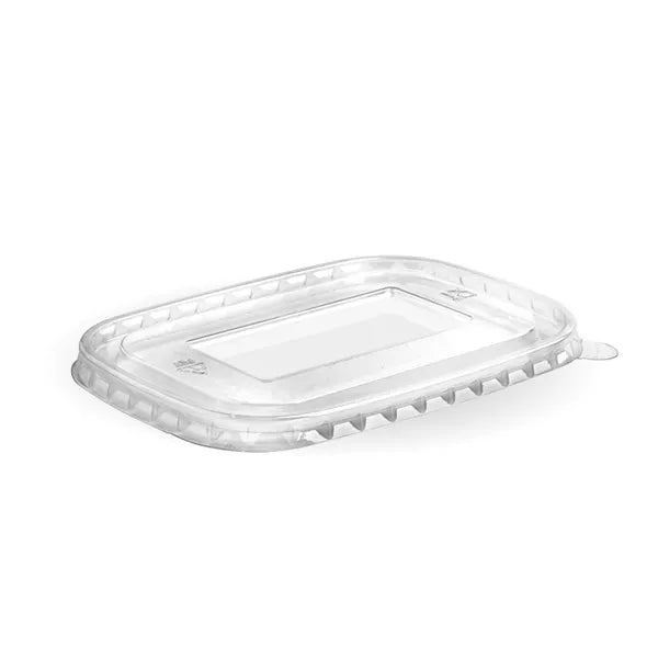 A clear rectangular PET BioBoard takeaway lid designed for various sizes of cups and lids.