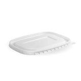 A clear, rectangular CPLA BioBoard takeaway lid for food containers.