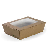 A large brown cardboard lunch box with a clear window on the lid, displayed on a white background.