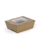 A medium-sized brown BioBoard lunch box with a clear window on the lid, displayed against a white background.