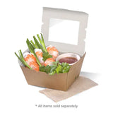 A small brown biodegradable lunch box with a clear window, containing a variety of take-out items such as shrimp and vegetables. The box is presented with a napkin beside it.