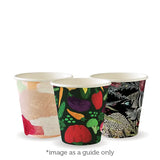 Three disposable 230ml paper cups with various colorful patterns, including a fruit design and animal illustrations, indicating the cups are part of an art series.
