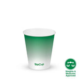 A 300ml green and white Biopak paper bio cup with the brand logo and ' weights and measures approved' stamp.