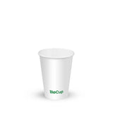 A 200ml white paper cup with the Biopak logo printed on the side.