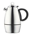 A stainless steel coffee percolator with a stovetop attachment and a black handle. Induction cooktop safe