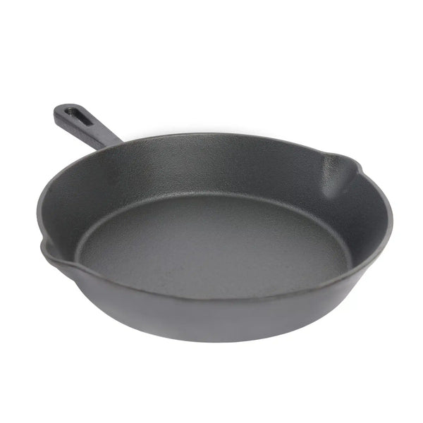 Black cast iron skillet pan 26cm with handle on a white background